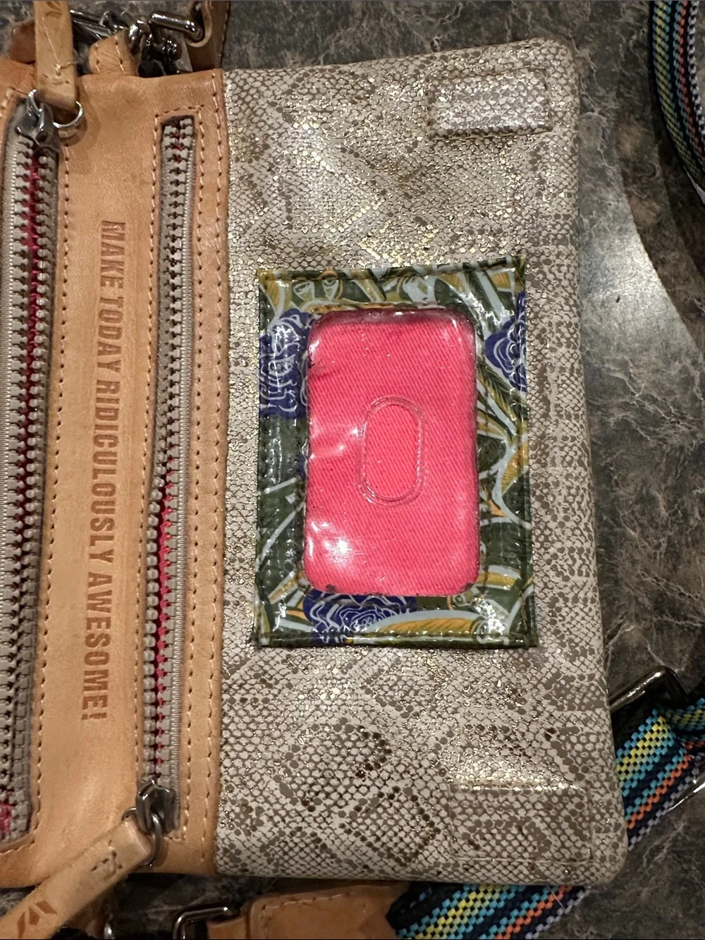 Consuela Beige Snake-Print Crossbody with Rainbow Webbing Strap